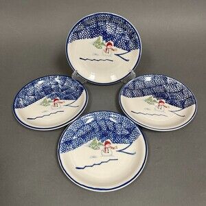 Thomson Pottery Salad Plates Snowman Blue White 7 5/8" Snow Lot of 4‎